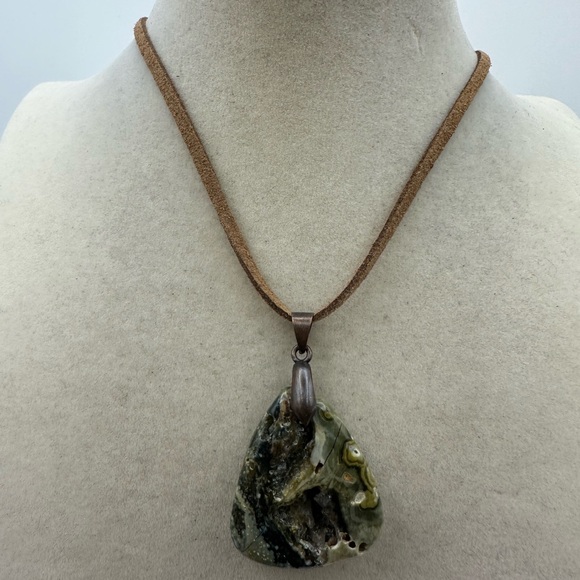 Green Ocean Jasper Teardrop Pendant on Brown Faux Suede Natural Druzy - Picture 6 of 8